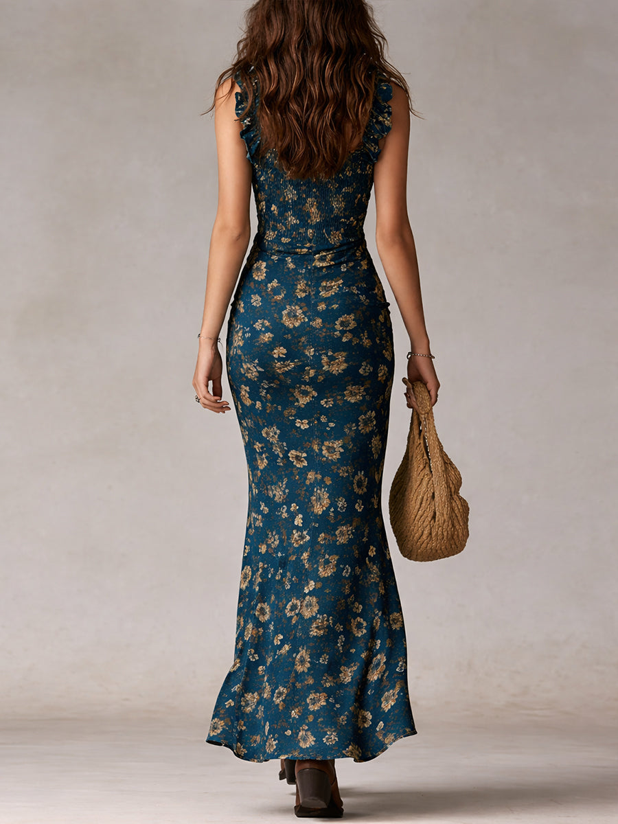 Solène™ | Robe Maxi Bohème Rétro à Manches Volantées et Fente Haute