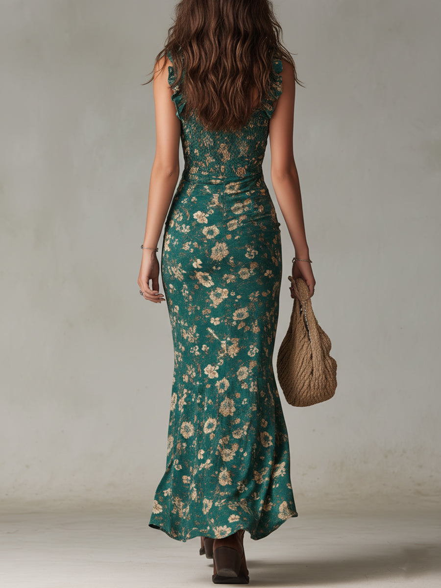 Solène™ | Robe Maxi Bohème Rétro à Manches Volantées et Fente Haute